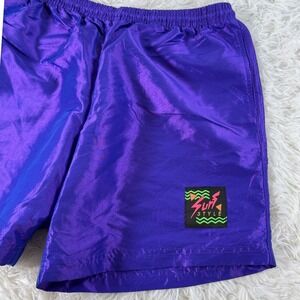 Vintage Surf Style Purple Iridescent Nylon Swim Shorts Mens Medium Elastic Waist